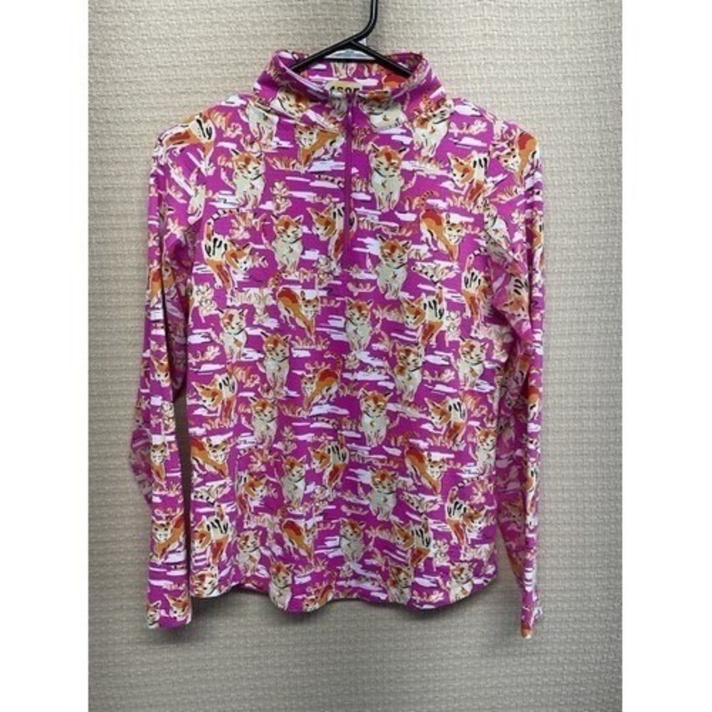 NWOT Ibkul UPF 50+ Sammy Pink Kitty Cat Zip Long Slv. T-Shirt Women XS Indonesia
